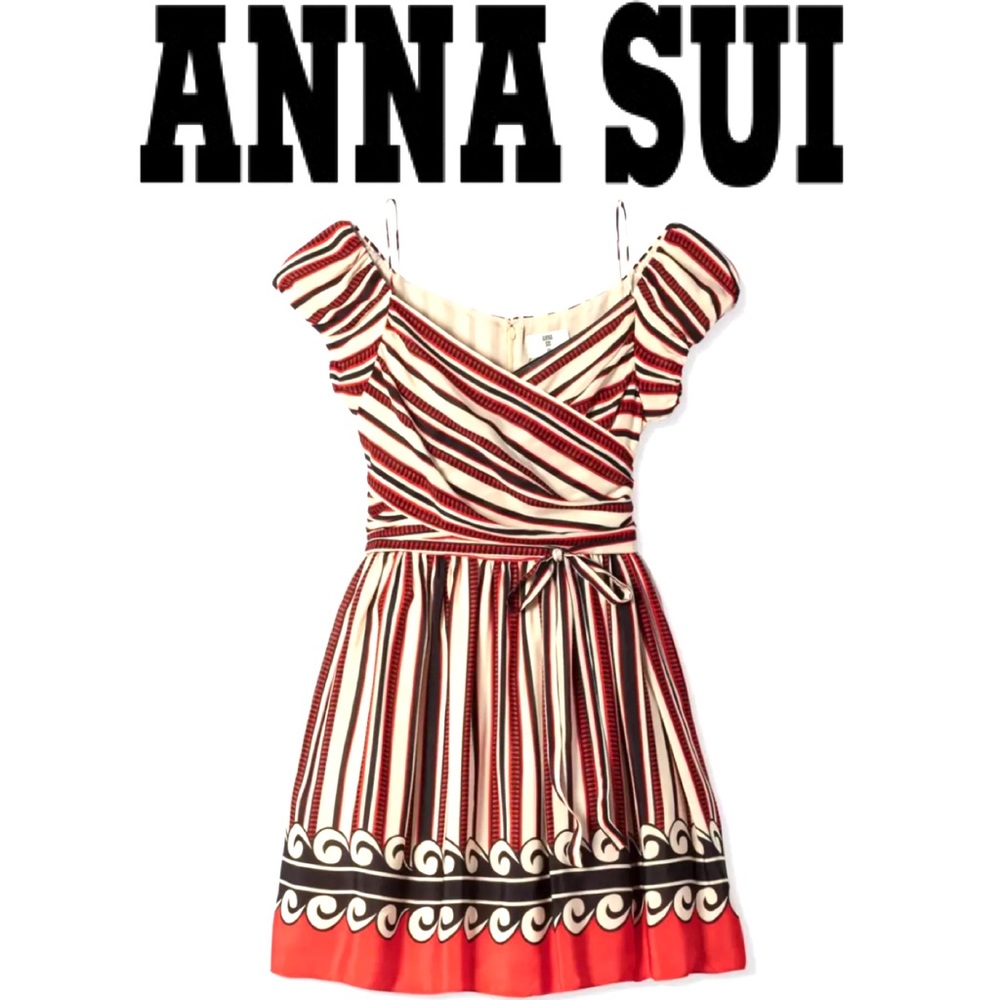 M ANNA SUI Silk Dress for Target 20th Anniversary XXO Striped Off Shoulder Red